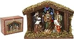 Home&Style nativity scene, 6 figures and 1 wooden stable, 20 x 15 cm with lighting in coloured box, 463303