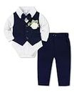SANMIO Baby Boy Clothes Suits Infant Gentleman Outfit Collared Dress Shirt+Vest+Tie+Corsage+Pants 5Pcs Baby Suit Sets, Navy Blue Suit, 3-6 Months