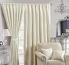 Textile Home New Jacquard Curtain Pair Fully Lined Pencil Pleat Curtain with Tiebacks (66x54, Cream)