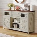 DWVO Farmhouse Coffee Bar Cabinet, 59" Sideboard Buffet Cabinet with Storage, 2 Large Drawers & Visual Grid Door, Storage Cabinet with Barn Door for Kitchen & Living Room, Antique White
