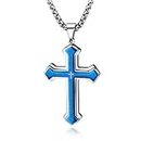 Stainless Steel Blue Cross Necklace for Men, Jesus Bible Cross Pendant,With 22 Inches Silver Box Chain Christian Faith Necklace Jewelry Gifts