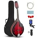 Ktaxon A Style Mandolin Instrument Kit, 8 Strings Acoustic Mahogany Wood Mandolins Musical with Tuner, Thickened Gig Bag, Shoulder Strap, Picks for Beginners (Red Sunburst)