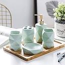 Bathroom Accessories Set 6 Pcs with Ceramic Diamond Pattern Bathroom Set Soap Dispenser Pump - Toothbrush Holder - Glass - Soap Dish - Bamboo Pallet (Color : Powder) (Green)