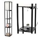 Simple Designs LF1037-BLK Floor Lamp Etagere Organizer Storage Shelf with 2 USB Charging Ports, 1 Charging Outlet and Linen Shade, Black