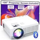 Mini Projector Portable with Screen, YOOYAA Bluetooth Projector Full HD 1080P 10000L, Multimedia Outdoor Home Cinema Video Projector, Compatible with Smartphone/Laptop/TV Stick