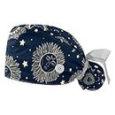 Celestial Moon Sun Star Scrub Caps Hats Women Bouffant Working Hat Ponytail Holder for Women Long Hair Covers 2PCS, Pattern 01, X-Small-Large