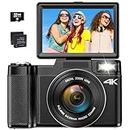 4K Digital Camera for Photography, Autofocus 48MP Vlogging Camera for YouTube with 16X Zoom, 3’’180 Degree Flip Screen Compact Video Camera with Liftable Flash, SD Card&2 Batteries