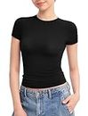 PUMIEY Women's Crew Neck Short Sleeve Tops Double Lined Slim Fit T Shirts Basic Tee Smoke Cloud Pro Collection, Jet Black, X-Large