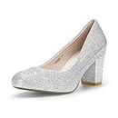 IDIFU Women's Sherry Dress Low Block Chunky Heels Pumps Closed Round Toe Shoes for Wedding Office Evening (Silver Glitter, 8 M US)