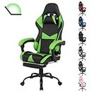 Advwin Gaming Chair with Footrest and 135° Recline Ergonomic Office Chair with Adjustable Headrest Lumbar Pillow Linkage Armrests High Back PU Leather Computer Video Recliner Chair Green