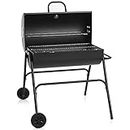 wilko Oil Drum Charcoal BBQ Grill - With Lid Cover - Chrome Plated Steel Cooking Grid - Built-in Temperature Gauge - Warming Rack and Base Wheels - Freestanding Outdoor Oven - Picnic, Garden, Camping