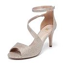 FW FRAN WILLOR Women’s Fashion Stilettos Open Toe Dressy Heel Sandals Ankle Strappy Heels Dress Wedding Bridal Shoes, Gold Glitter, 8