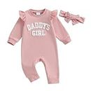 Carolilly Newborn Baby Girl Outfits 2Pcs Outfits Clothing Set Daddy's Girl Fuzzy Letter Embroidery Long Sleeve Romper Bodysuit Round Neck Jumpsuit Toddler Clothes+Headband (Pink, 0-3 Months)