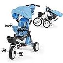 JMMD Baby Tricycle, 7-in-1 Folding Kids Trike with Adjustable Parent Handle, Safety Harness & Wheel Brakes, Removable Canopy, Storage, Stroller Bike Gift for Toddlers 18 Months - 5 Years(Blue)