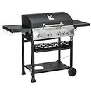 Outsunny Propane Gas Grill with 4 Main Burners, 1 Side Burner, 40,000 BTU Outdoor BBQ Grill Cart with Wheels, Warming Rack, Shelves, Thermometer, Bottle Opener, Black