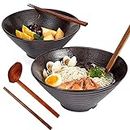 2 Set Tableware Ceramic Ramen Bowl - Japanese Noodles Bowls Dinner Sets for Pasta Soup Pho Mixing Salad Dishes Snack cereal Food with Spoons Chopsticks Kit 1000 Ml for New Home House Warming Gifts