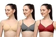 Deal Craft Everyday Comfort Non-Padded, Non-Wired Full Coverage Combo Bra for Women (34, Skin + Grey + Maroon)