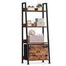 Furologee 4-Tier Ladder Shelf, Ladder Bookshelf with Removable Drawer, Rustic Bookcase Storage Rack Organizer, Wood Metal Freestanding Storage Shelves for Living Room, Home Office, Bedroom, Kitchen