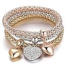 SILANER Crystal Charms Multilayer Bracelets - 3PCS Gold/Silver/Rose Gold Corn Chain Bracelet for Women, Tree of Life Heart Shaped Stretch Bracelet(Solid Hearts Charm)
