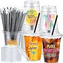 Ninehaoou 48 Sets Inspirational Party Cup 16 oz Clear Plastic Disposable Cup with Straws Employee Apprecation Drinking Cup Activities Supplies for Graduation, Company Event, Celebration, Community