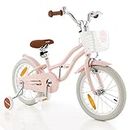 HONEY JOY Kids Bike, 16 Inch Ride On Bicycle for Children w/Adjustable Handlebar & Seat, Front Handbrake, Rear Coaster Brake, Removable Basket, Kids Bicycle w/Training Wheels for 4-7 Years (Pink)