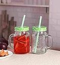 HOME CRAF® 450 Ml Set of 2 Glass Mason Jar with Lid & Straw | Coco | Mason Jar with Lid and Re-Usable Straw Mugs for Juice | Moctail | Shakes | Drinks with Handle(RENDOM COLOR)
