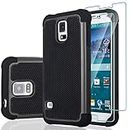 Galaxy S5 Case, Galaxy S5 Case with [2 Pack] Tempered Glass Screen Protector, Shockproof Defender Armor Protective Dual Layer Hybrid TPU Plastic Rugged Case for Samsugng Galaxy S5 - Black