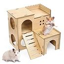 CuffUp Guinea Pig Hideout with Multi-Rooms - Small Pets Natural Hideout Detachable Large Size Multi-Chamber Wooden Hut Habitats with Window and Roof Skylight(Hamster Cottage)