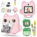 Ainiv Instant Print Cameras for Kids, 2.4 Inch Kids Digital Camera with Dual Camera, 1080P Kids Camera with 3 Rolls Print Papers, 32GB SD Card, 5 Colors Pens, Gifts for 3-12 Year Old Boys Girls, Pink