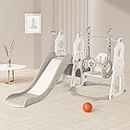 duke baby 4-in-1 Kids Slide & Swing Set for Toddler Age 1-6, Extra Large Baby Indoor Outdoor Activity Playground with Basketball Hoop & Climber Castle Collection- Grey & White (DB-O-SNS4-W)