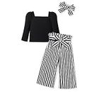 Xumplo Girls Clothes Toddler Outfits Kids Clothing Set Puffy Long Sleeve Top Square Neck T-shirt Two Pieces Striped Wide Leg Pants Sets with headband Black 3-4 Years
