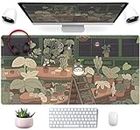 Cute Brown Anime Desk Mat Mouse Pad Kawaii Green Tropical Leaves Desk Pad XXL, Large Laptop Computer Keyboard and Mouse Gaming Mat, Home Office Desk Decor Accessories for Girl Women (31.5x15.75 in)