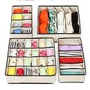 House of Quirk Foldable Storage Box Drawer Divider Organizer Closet Storage for Socks Bra Tie Scarfs - Beige,Set of 4,Standard,34 x 31 x 4 Cms, Fabric, Clothing