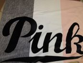 PINK Logo Victoria's Secret Fleece Sherpa Blanket - 60 x 72 - Pink Gray & White
