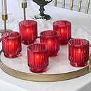 Kate Aspen Vintage Ribbed Red Glass Tealight & Votive Candle Holders (Set of 6), Fall Decor, Boho Decor, Shelf Decoration (27206RD)