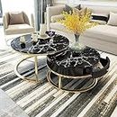 Friends & Furniture Marble Square End Table Set of 2 Coffee Table, Modest Luxury Sofa Center Table Round with Wooden Drawer Gold Metal Frame (Black & Gold)