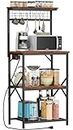 Furologee Kitchen Bakers Rack with Power Outlet, Microwave Oven Stand with Storage 4 Tiers, Coffee Bar Table with 6 S Hooks, Kitchen Storage Shelf Rack for Spices, Pots, Rustic Brown