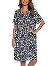 YOZLY House Dress Women Cotton Duster Robe Short Sleeve Housecoat Button Down Nightgown, Navy Floral, Medium