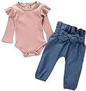 Juflam Neugeborenes Baby Mädchen Kleidung Rüschen Strampler + Schleife Denim Hosen Outfits Set (6-9 Monate)