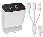 3 in 1 Dual Port Charger For Nokia Lumia 720, Nokia Lumia 730 Dual SIM, Nokia Lumia 735, Nokia Lumia 800, Nokia Lumia 810, Nokia Lumia 820, Nokia Lumia 822, Nokia Lumia 830, Nokia Lumia 900 AT&T, Nokia Lumia 920 Charger Android Smartphone Wall Mobile Stand Charger Fast Charging Mobile Charger Hi Speed Rapid Fast Charger With 1.2m 3-in-1 Multi Functional Super charging Cable Micro USB Android, iOS and Type-C USB Cable - (White, 2.4Amp, SH.I1)