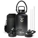 Trebo Stainless Steel Water Bottle 2L, Wide Mouth Insulated Water Bottle Double with Paracord Handle Sports Bottle Keep Cold 48 Hours Water Bottle with 3 Lids, Dark Gray