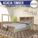 New Acacia Timber Bedroom Set with Storage, Dresser Mirror & Bedside Tables