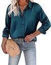 Chigant Women's Blouse Satin Silk Shirts Button Down Shirts Casual Loose Long Sleeve Office Work Tunic Tops, Peacock Blue, Medium