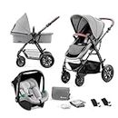Kinderkraft MOOV Pram 3 in 1 Set, with Infant Car Seat Mink PRO I-Size, Travel System, Baby Pushchair, Buggy, Foldable, Accessories, Rain Cover, Footmuff, for Newborn, from Birth to 3 Years, Gray