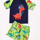 Boy's Swimming Suit, Swimming Trunks & Tops 2pcs, Cartoon Dinosaur Listening To Music Print, For Beach Vacation, Casual Kids Clothes Sets