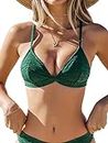 CUPSHE Bikini Top for Women Triangle Swimsuit Top V Neck Crisscross Self Tie Bathing Suit Zebra Texture, Emerald Green, Medium