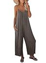 Dokotoo Women's Loose Plus Size Jumpsuits for Women Adjustable Spaghetti Strap Stretchy Wide Leg Solid One Piece Sleeveless Long Pant Romper Jumpsuit with Pockets Gray Large