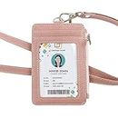 bolimoss Pink Lanyards for Id Badges, Vertical Pu Leather ID Badge Card Holder Wallet with 1 Clear ID Window, 4 Credit Card Slots, 1 Cash Coin Slot,Detachable Wristlet & Neck Lanyard, Ring Key Chain