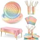 GYB 25 Guests Colorful Party Supplies, Disposable Party Tableware Plates Cups Napkins Straws Table Cloth Dinnerware set for Weddings, Birthday Parties, Graduations