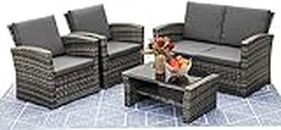Mixed Grey Outdoor Rattan Garden Furniture Set with Charcoal Grey Cushions Luxury 4 Seater Sofa with Modern Wicker Weave Chairs and Coffee Table FREE RAIN COVER